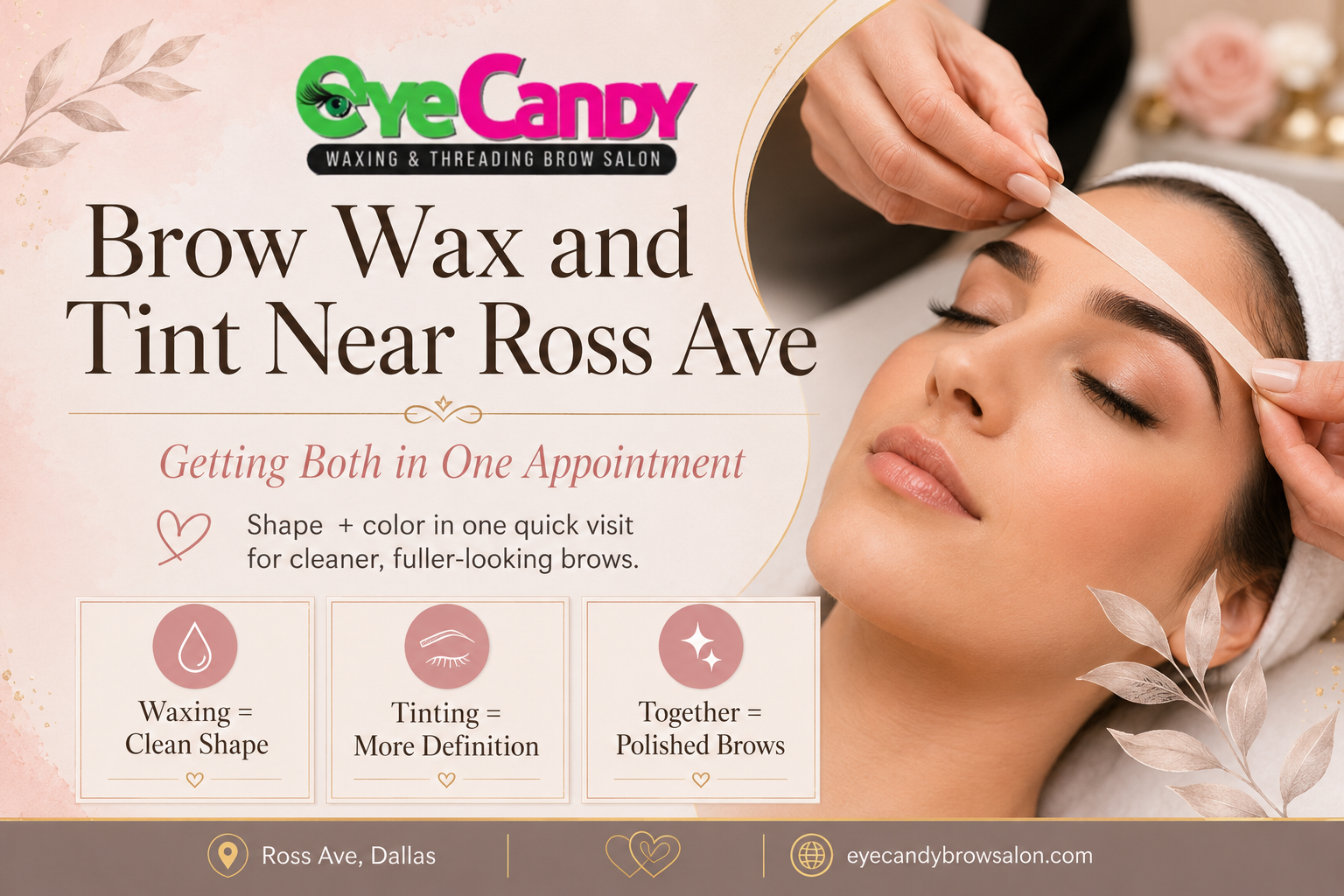 Brow wax and tint near Ross Avenue with a brow artist waxing and defining a client’s eyebrows