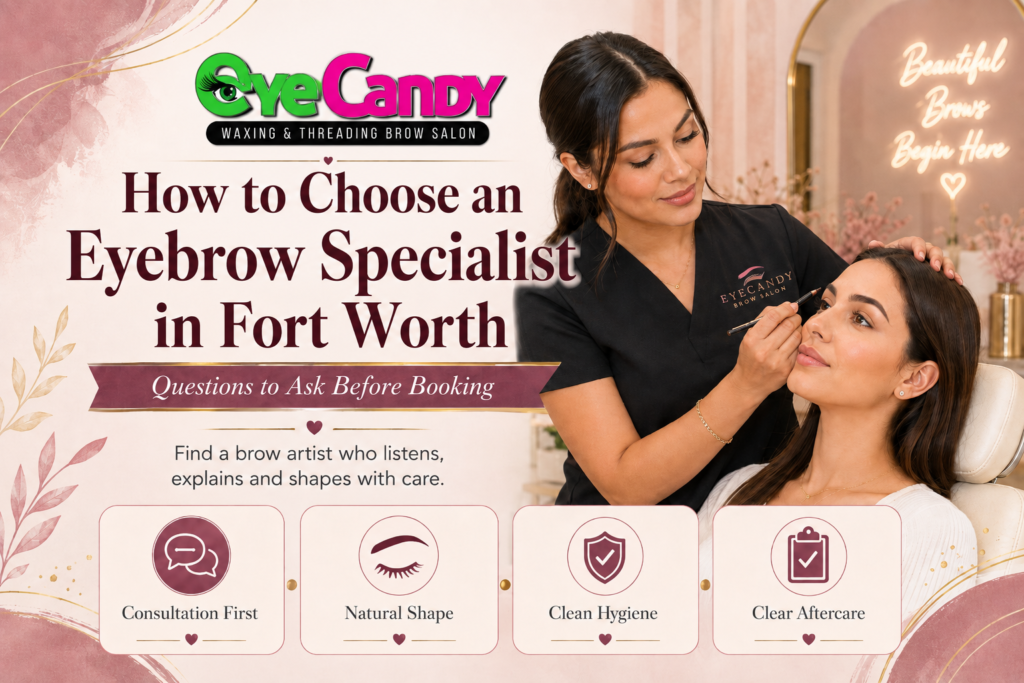 Eyebrow specialist in Fort Worth shaping a client’s brows during a consultation